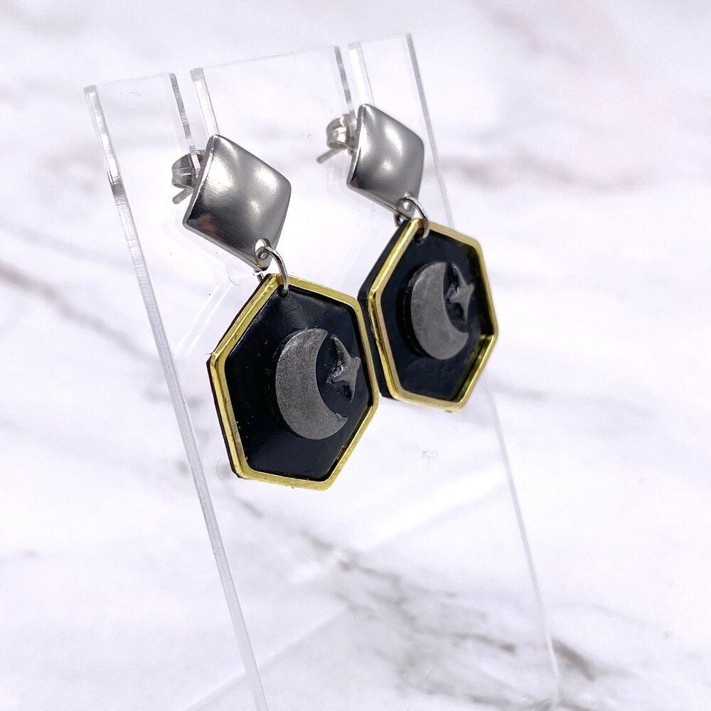 Black Holographic Celestial Crescent Moon Dangle Stud Earrings - Picture 11 of 15